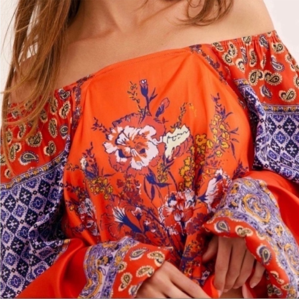 Free People Positano Orange Peasant Blouse Sz M NWT